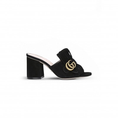 GUCCI WOMEN'S BLACK SUEDE GG MARMONT SLIDE 458051